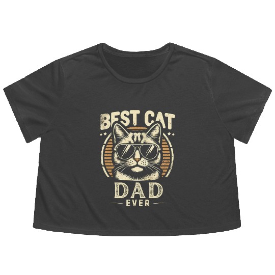 Best Cat Dad Ever Funny Cat with Sunglasses Flowy Cropped Tees