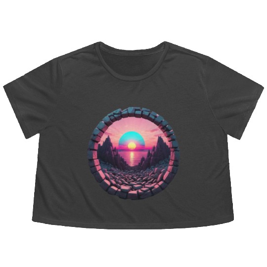 Synthwave Rocky landscape with Setting Sun Flowy Cropped Tees