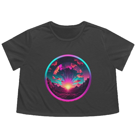 Synthwave Colorful Cosmos Design inside Circle Flowy Cropped Tees
