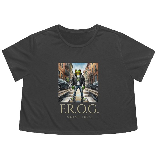 Urban Frog in black leather jacket Flowy Cropped Tees