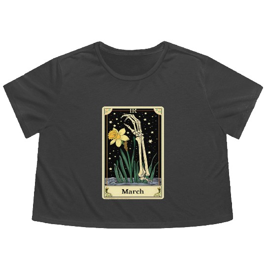 March Gothic Tarot Card - Daffodil Flower & Skelet Flowy Cropped Tees