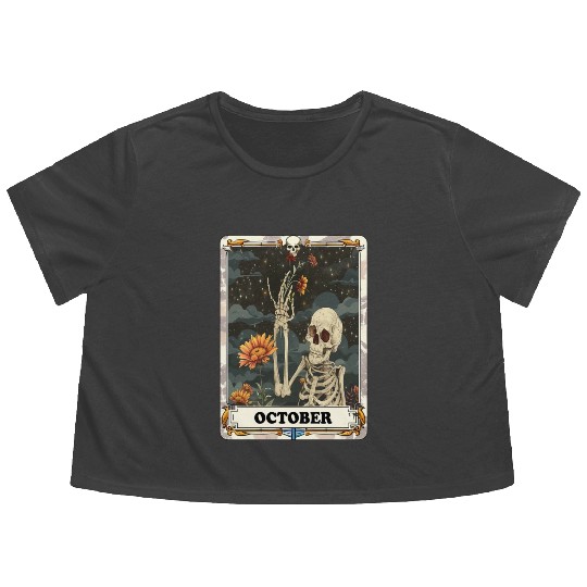 October Gothic Tarot Card - Marigold Flower & Skel Flowy Cropped Tees