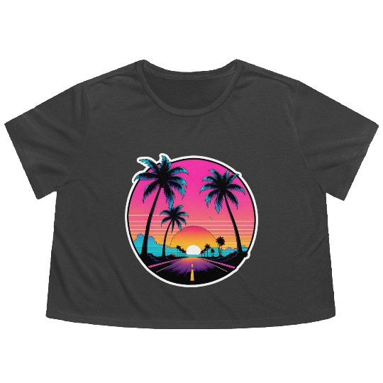 Beach road sunset driving on a lonely road. Flowy Cropped Tees