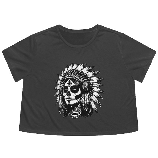 Dark Art Skull Indian Apache Girl Vintage Grunge Flowy Cropped Tees