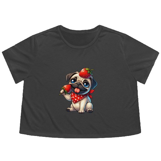 Quirky Dog Pug with Strawberry on Head Fruity Flowy Cropped Tees