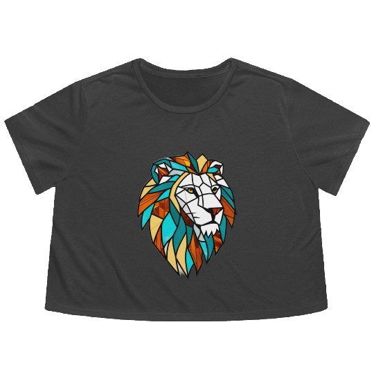 Geometric Lion Stained Glass Flowy Cropped Tees Disgin
