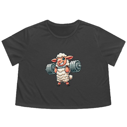 Cute sheep lamb weightlifter fitness workout Flowy Cropped Tees