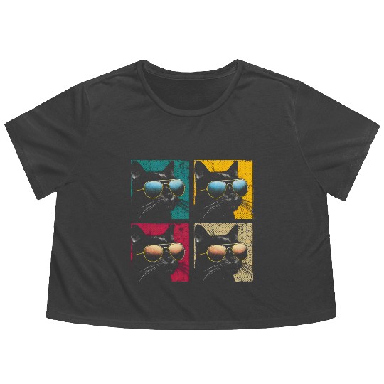 Black Cat Pop Art Flowy Cropped Tees