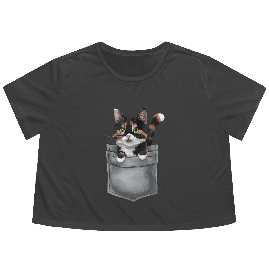 Japanese Bobtail Cat In Pocket Flowy Cropped Tees