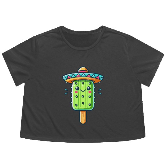 funny cactus ice cream motif with colorful sombrer Flowy Cropped Tees