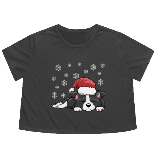 CHRISTMAS SANTA HAT SLEEPING BORDER COLLIE DOG Flowy Cropped Tees