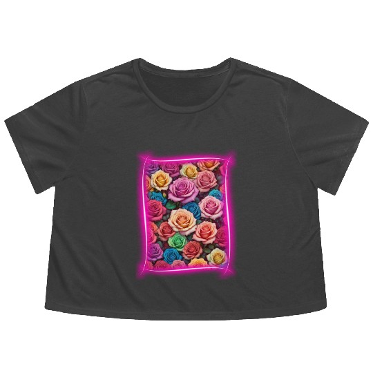 Flower design framed by neon lights Flowy Cropped Tees