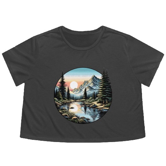 Tranquil Mountain Sunrise: Serene Landscape Art Flowy Cropped Tees