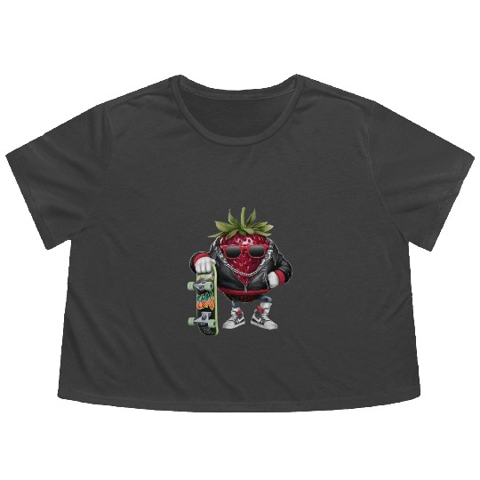 funny skateboarder berry cool lover strawberry Flowy Cropped Tees