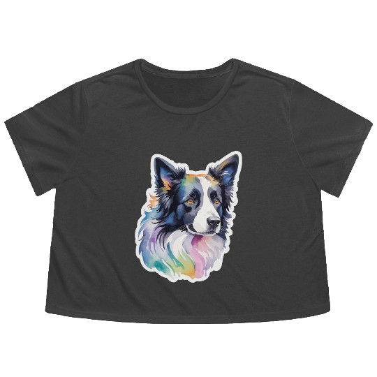 Border Collie Watercolor Flowy Cropped Tees