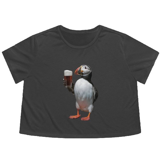 Atlantic Puffin Drinking Beer Realistic Flowy Cropped Tees