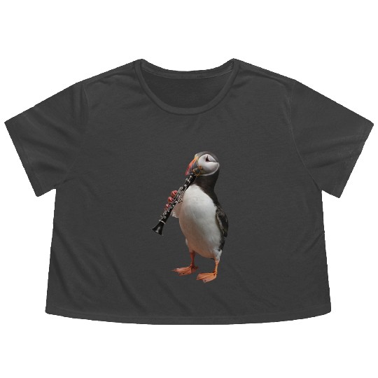 Atlantic Puffin Playing Clarinet Realistic Flowy Cropped Tees