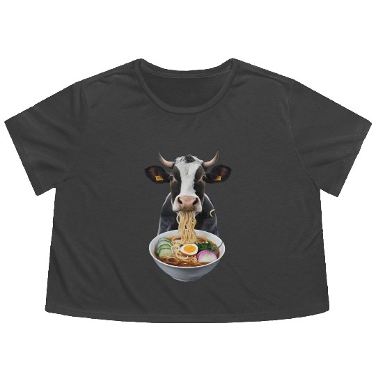 Cow Eating Ramen Realistic Flowy Cropped Tees