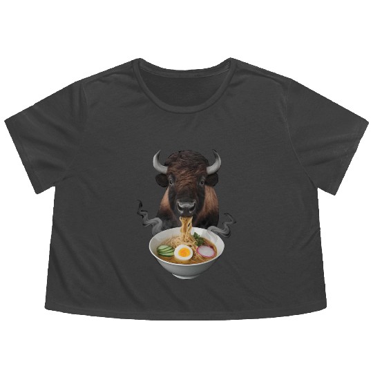 Bison Eating Ramen Realistic Flowy Cropped Tees