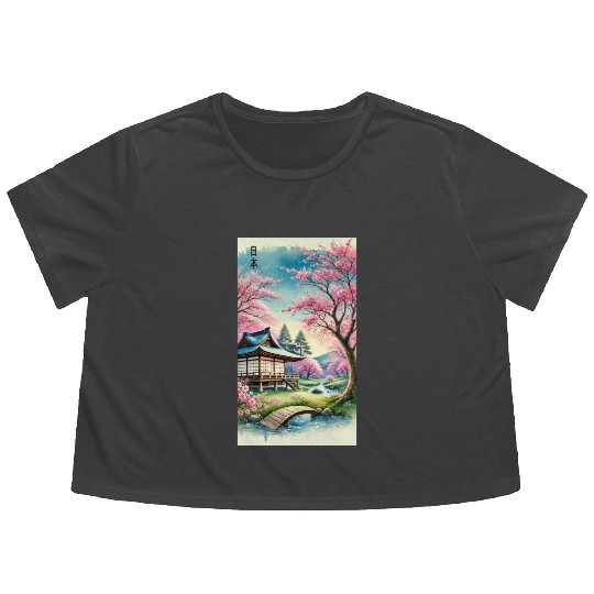 Japan church flowers otaku design Flowy Cropped Tees