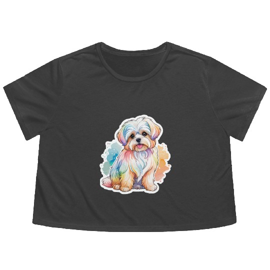 Maltese Dog Watercolor Flowy Cropped Tees