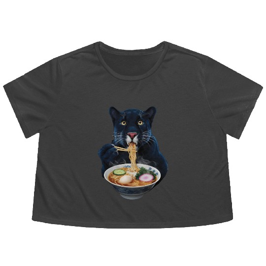 Panther Eating Ramen Realistic Flowy Cropped Tees