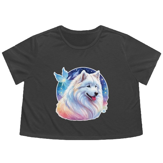 Samoyed Dog Watercolor Flowy Cropped Tees