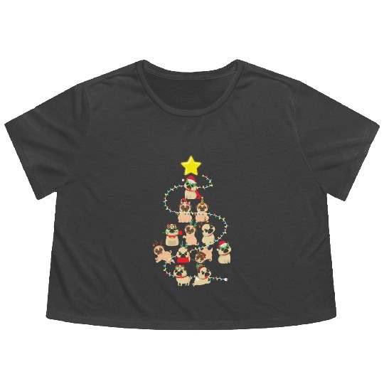 Pug Christmas Tree Dog Santa Claus Hat Xmas Merry Flowy Cropped Tees