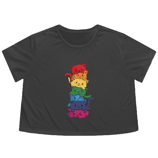 Funny LGBT Cat Stack Rainbow Gay Pride Flowy Cropped Tees