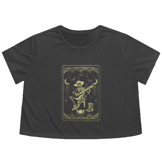 Tarot Card Celestial Cowboy Skeleton Plays Guitar Flowy Cropped Tees