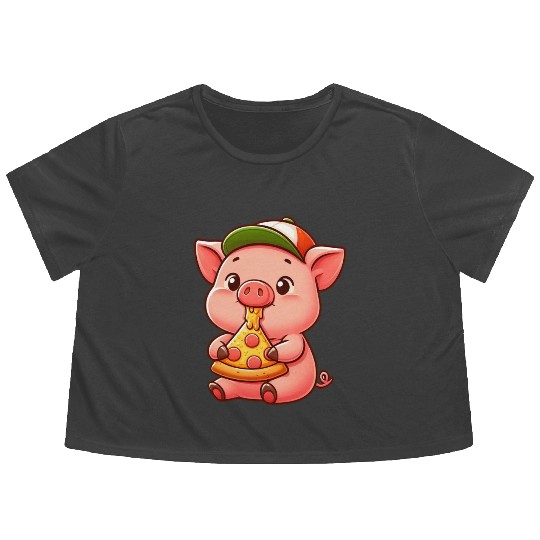 Funny pig pizza cartoon farmer agriculture Flowy Cropped Tees
