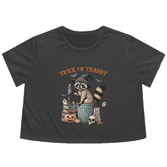 Trick Or Trashy Funny Raccon Halloween Flowy Cropped Tees