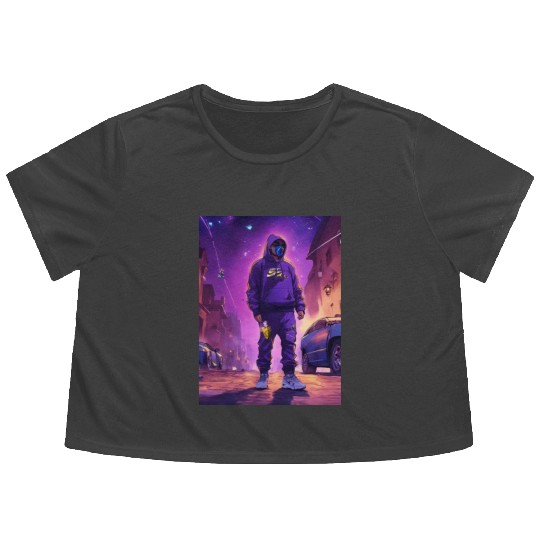 Hooded Figure in Futuristic Streetwear Flowy Cropped Tees