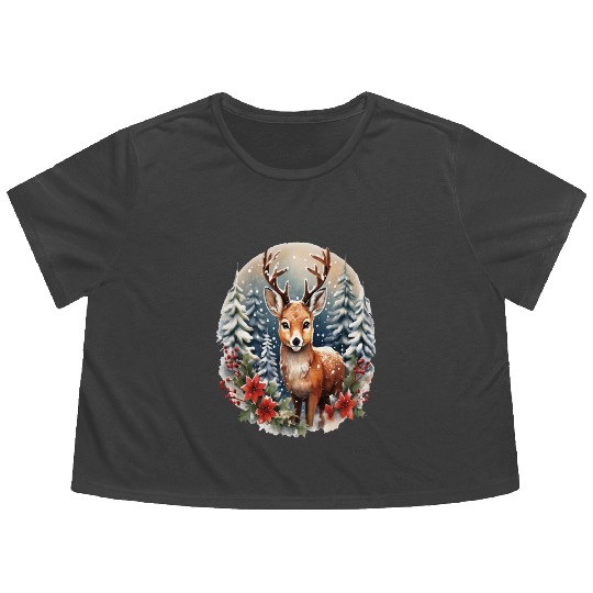 Christmas Deer with Poinsettia and Snow Flowy Cropped Tees