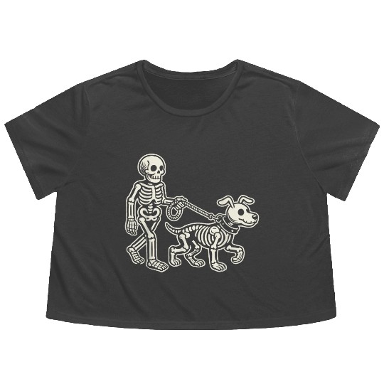 Skeleton Leads Dog Funny Skull Pet For Halloween C Flowy Cropped Tees