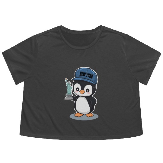 New York Penguin Holding Statue Of Liberty Flowy Cropped Tees