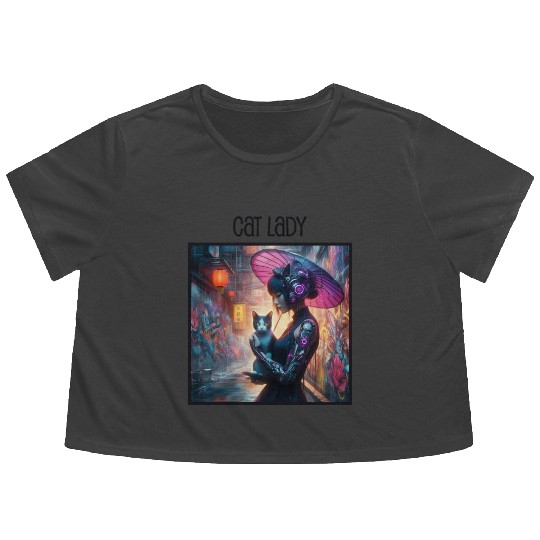 Cat Lady (Cyberpunk) Street Art v2 Flowy Cropped Tees
