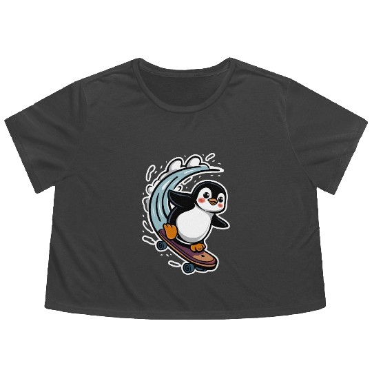Penguin Skateboarding Adventure Fun Flowy Cropped Tees