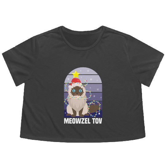 Meowzel Tov Hanukkah Black Cat Christmas Lights Flowy Cropped Tees