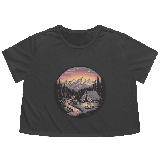 Mountain Morning: Peaceful Camping Monoline Flowy Cropped Tees