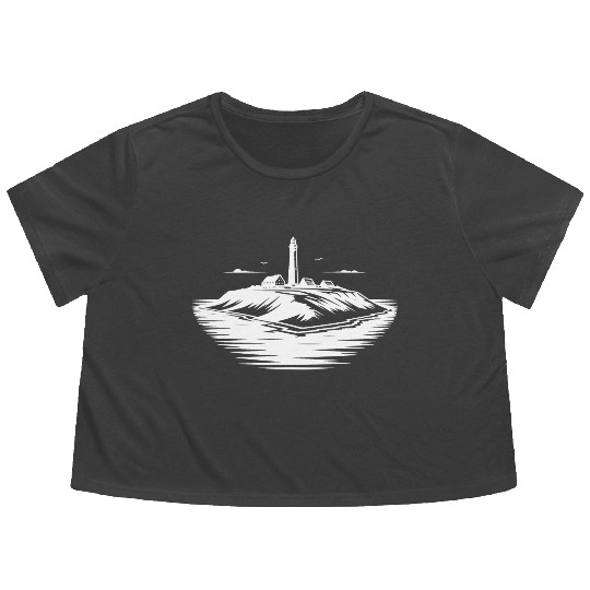 Lonely Island With Lighthouse On The Coast Flowy Cropped Tees