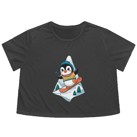 Cute Snowboarding Penguin Adventure Flowy Cropped Tees