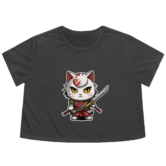 ninja cat with a katana 2 Flowy Cropped Tees