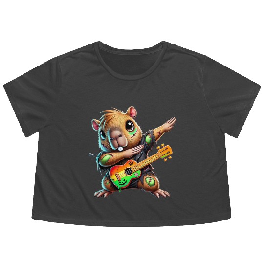 Cute Dabbing Capybara Zombie Squad Guitar Hallowee Flowy Cropped Tees