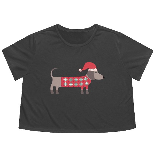 Christmas Dachshund Dog in a Santa Hat and Sweater Flowy Cropped Tees
