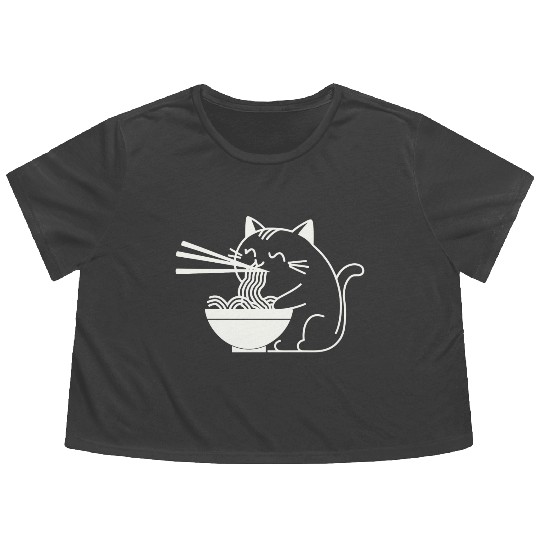 Cute Cat Eating Ramen Kawaii Food Design Flowy Cropped Tees