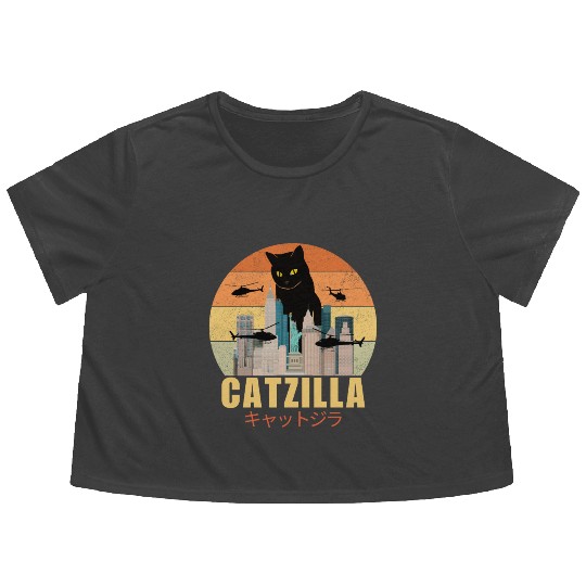 Retro Vintage Catzilla Japanese Cute Cat Lover Flowy Cropped Tees