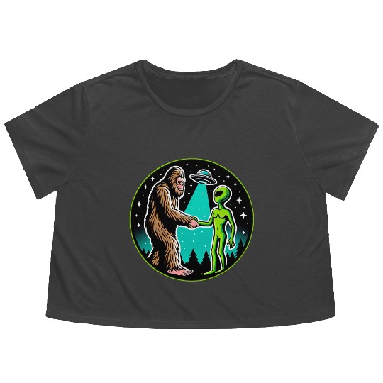 Bigfoot Alien Alliance - Funny Scifi Cryptid Flowy Cropped Tees