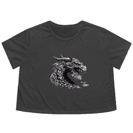 Mythical Dragon Head Illustration Flowy Cropped Tees