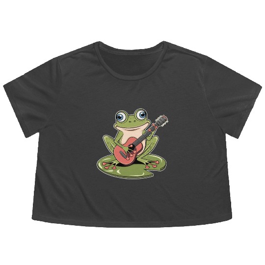 Frog Playing Guitar On Lily Pad Flowy Cropped Tees